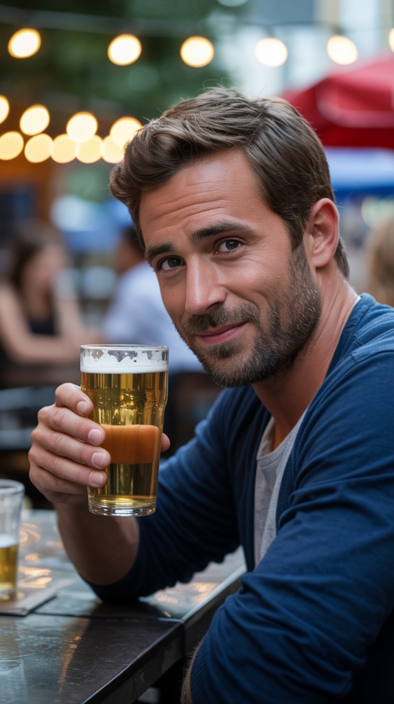 Guest enjoying a beer on the patio at dusk