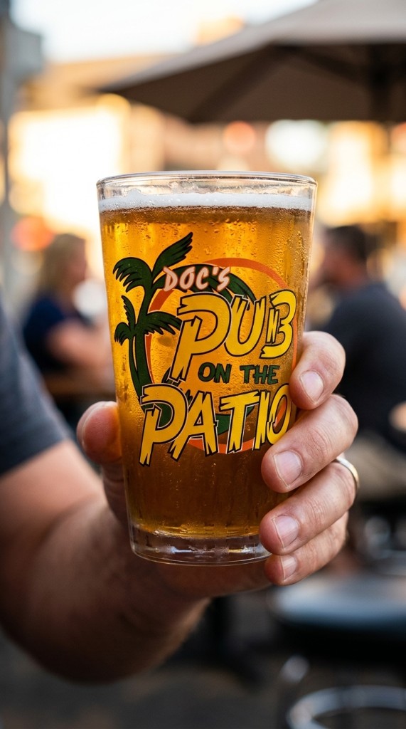 Doc's Pub on the Patio branded pint of beer