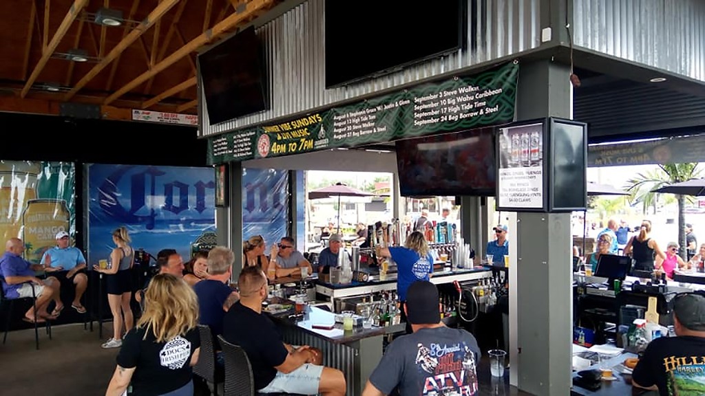 Crowded outdoor patio bar with live music banner